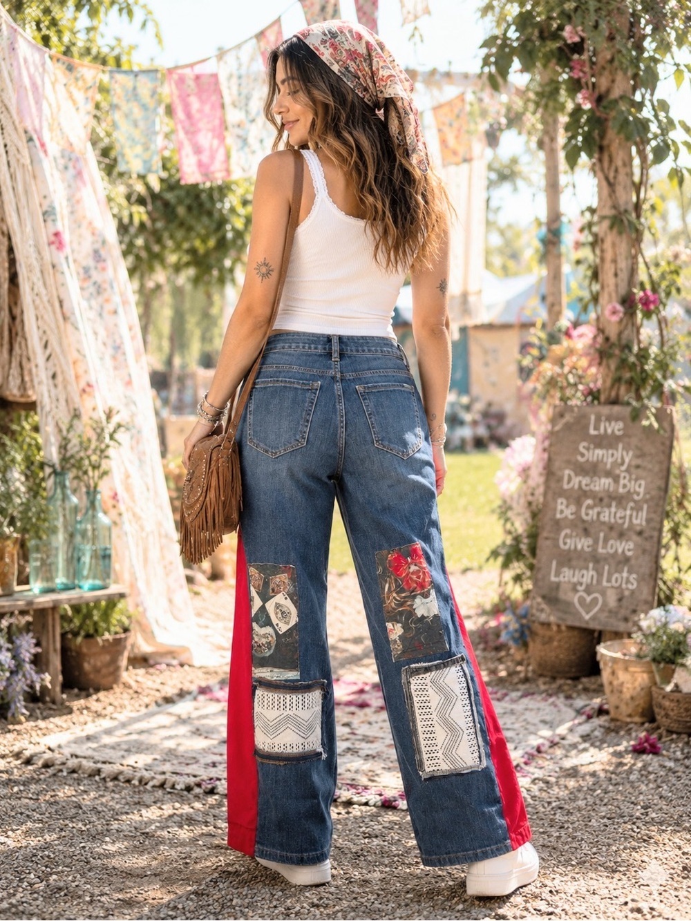 You Are Loved Bohemian Patchwork Jeans | Handmade Wearable Art | 14 - Picture 2 of 16